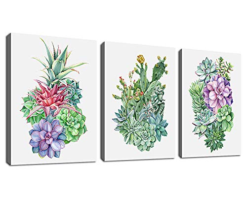 BELLBELE Succulent Wall Art 3 Piece 12" x 16" Framed Canvas Art Cactus Tropical Green Plants for Bedroom Bathroom Living Room Kitchen Office Wall Decor Home Decoration