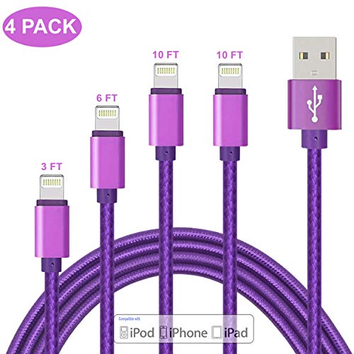 ZHONGXING Phone Charger Cable 4 Pack(3 Feet 6 Ft 10 Foot 10 Foot) Nylon Braided Cord USB Fast Charging Cables+Syncing,Compatible Phone Xs Max XR X/Phone 7 Plus 8 Plus 6 6s Plus SE/Pad- Purple