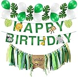 Liphontcta Wild One Birthday Decorations, Wild One Kids 1st Birthday HighChair Banner, Safari Zoo Animals Happy Birthday Banner with 12 PCS Artificial Palm Leaves for Baby Girl Boy 1st Birthday Jungle Safari Party Decorations Supplies