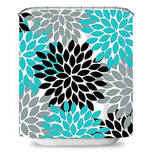 Payanwin Dahlia Pinnata Floral Shower Curtain,Antique Colorful Blue Navy Red Grey Flower Bathroom Curtain Sets,Water Resistant Decorative Bathroom Fabric (72x72in, Black and Blue)