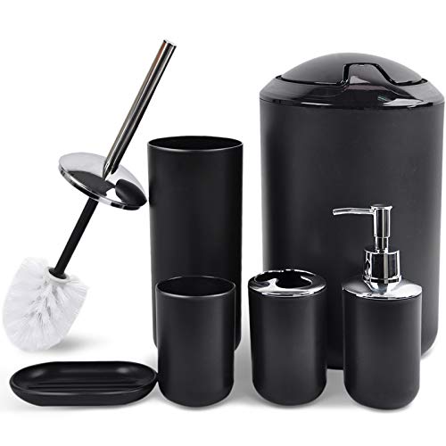 Book Cover CERBIOR Bathroom Accessories Set 6 Piece Bath Ensemble Includes Soap Dispenser, Toothbrush Holder, Toothbrush Cup, Soap Dish for Decorative Countertop and Housewarming Gift, Black