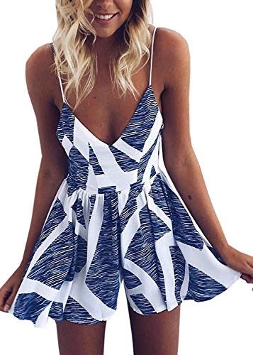MISSLOOK Women's Sexy V Neck Printed Romper Spaghetti Strap Beach Romper Summer Backless Shorts Jumpsuit