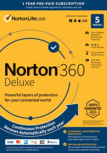 Book Cover Norton 360 Deluxe (2022 Ready) Antivirus software for 5 Devices with Auto Renewal - Includes VPN, PC Cloud Backup & Dark Web Monitoring [Key Card]