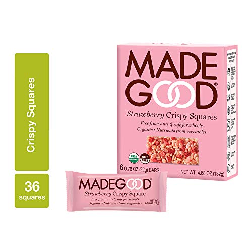 Book Cover MadeGood Strawberry Crispy Squares, 6 Pack (36 count); Crunchy Rice with Sweet Strawberry; Contains Nutrients of One Full Serving of Vegetables; Gluten-Free, Nut-Free, Organic, Vegan, Non-GMO Treat