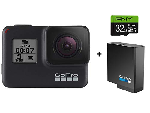 Book Cover GoPro HERO7 Black Camera + Extra Rechargeable Battery + PNY Elite-X 32GB U3 microSDHC Card (Bundle) - Waterproof Digital Action Camera Touch Screen 4K HD Video 12MP Photos Live Streaming Stabilization