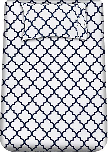 Book Cover Utopia Bedding Printed Twin Sheet Set - 1 Fitted Sheet, 1 Flat Sheet and 1 Pillowcase - Soft Brushed Microfiber Fabric - Shrinkage and Fade Resistant (Twin, White Quatrefoil with Navy Pattern)