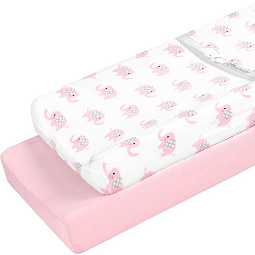 TILLYOU Jersey Cotton Elephant Changing Pad Covers- Ultra Soft Cozy Diaper Change Table Sheets for Baby Girls Boys - Fit 32"/34'' x 16" Pad - 2 Pack, Elephant & Pink