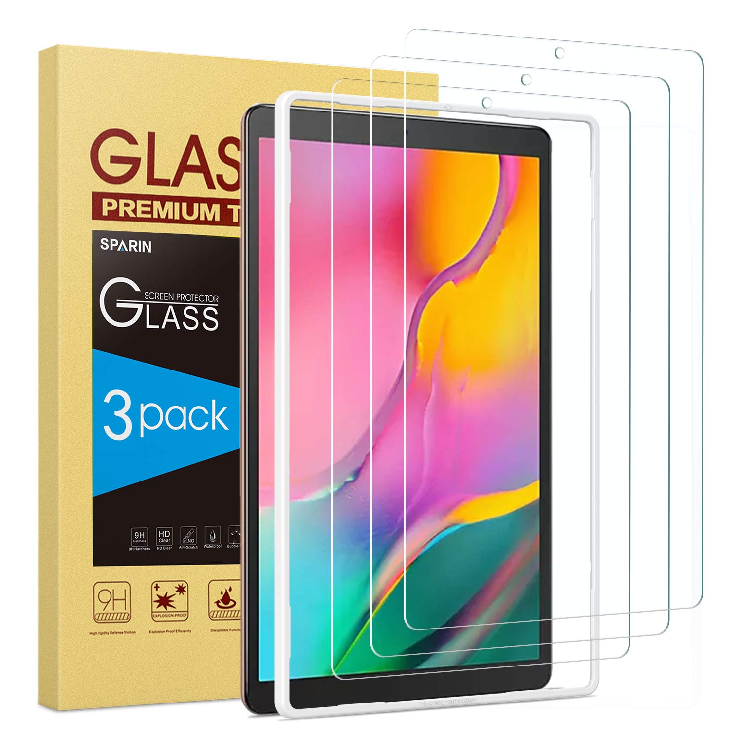 Book Cover [3 Pack] SPARIN Screen Protector Compatible with Galaxy Tab A 10.1 2019 9H Hardness Tempered Glass Easy Installation High Definition