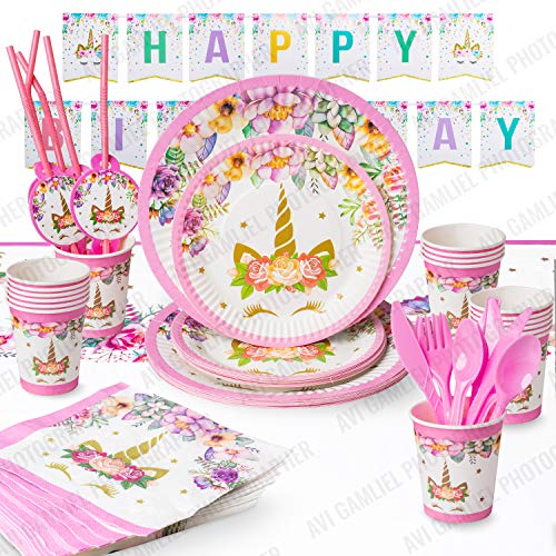 Unicorn Party Supplies Set For 16 Guests With Happy Birthday Banner Perfect For Girl’s Birthday Party Including Unicorn Party Plates With Dessert Plates, Unicorn Tablecloth, Cups & Straws,Cutlery Set