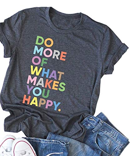 DORFALNE Women's Fun Happy Graphic Tees Summer Cute Round Neck Short Sleeve Letter Printed T-Shirts