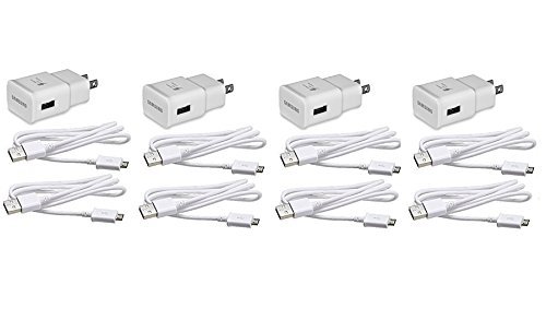 Book Cover 4 Pack Original Samsung Fast Charging Adapter Travel Charger + (2) 5 Foot Micro USB Data Cables - White (Renewed)