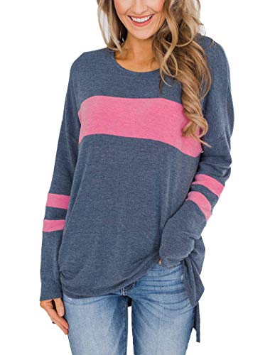 Hilltichu Women's Color Block Long Sleeve Shirt Pullover Round Neck Side Split High Low Tunic Tops