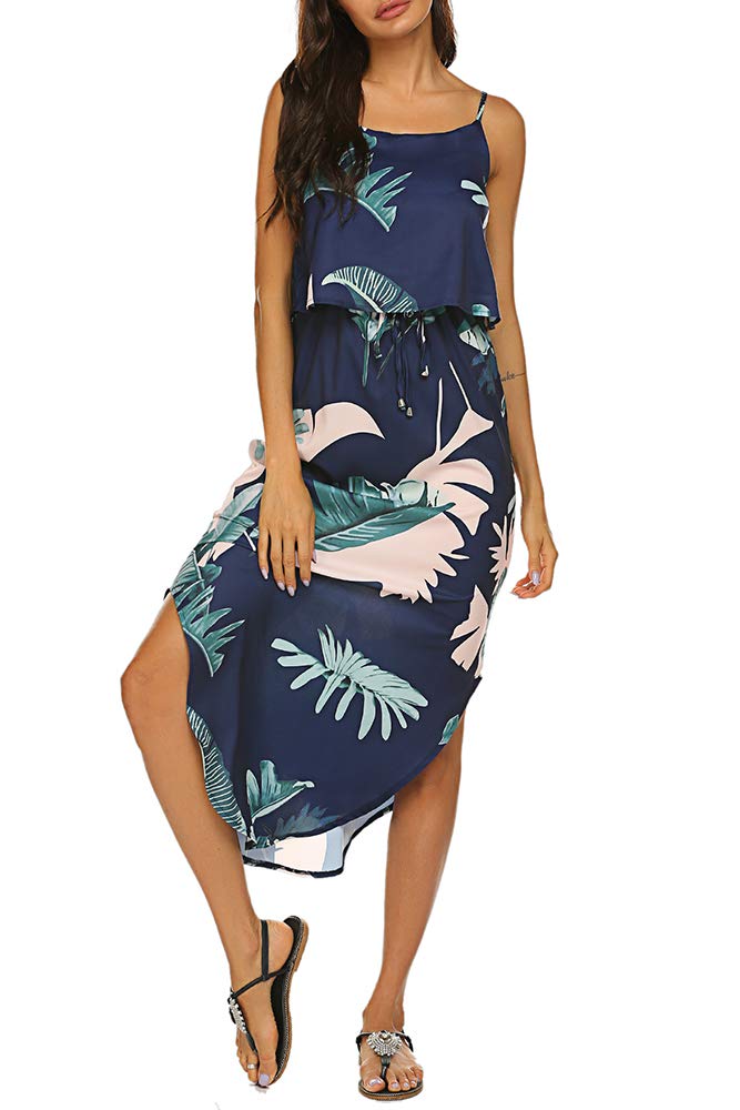 Casual Summer Dresses for Women Floral Midi Split Beach Casual Dress (L, Navy Blue)