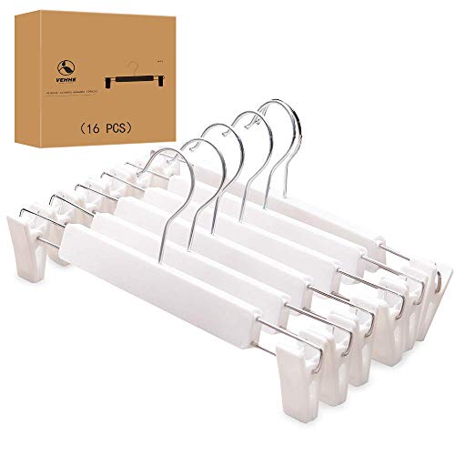 VEHHE Skirt Hangers Pants Hangers, 16 Pack White Plastic Dress Trousers Pant Hanger with Non-Slip Big Clips and 360 Rotatable Hook (White)