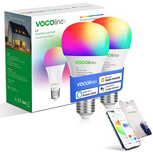 VOCOlinc Smart Light Bulbs,Alexa Light Bulb,A21 2.4GHz Wifi LED Smart Bulb Work with Apple Homekit,Google Home.RGBCW Color Changing Bulbs Brightness Dimmable,E26 850LM 60W Equivalent,No Hub Required.