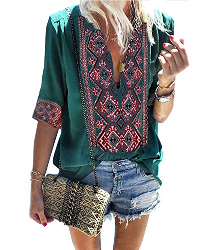 Book Cover Mansy Women's Summer V Neck Boho Print Embroidered Shirts Short Sleeve Casual Tops Blouse