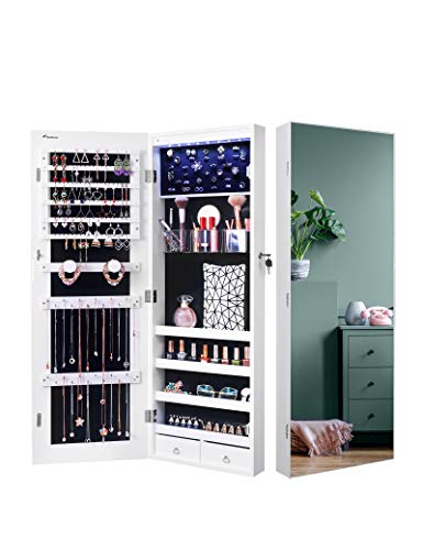 Book Cover Nicetree 8 LEDs Mirror Jewelry Cabinet, Jewelry Armoire Organizer with Full Screen Mirror, Wall/Door Mounted, Full Length Mirror (White)