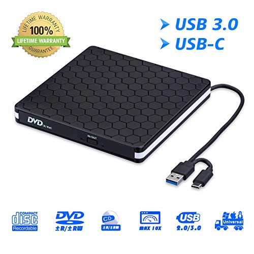 Book Cover External DVD Drive for Laptop, Portable High-Speed USB-C&USB 3.0 CD Burner/DVD Reader Writer for PC Desktops, Compatible with Windows/Mac OSX/Linux