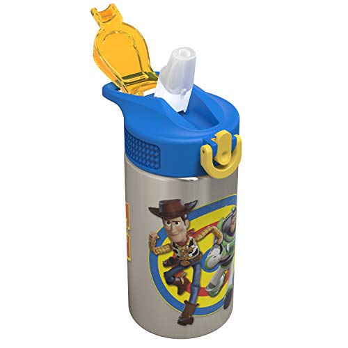 Book Cover Zak Designs Toy Story 4 - Stainless Steel Water Bottle with One Hand Operation Action Lid and Built-in Carrying Loop, Kids Water Bottle with Straw Spout is Perfect for Kids (15.5 oz, 18/8, BPA Free)