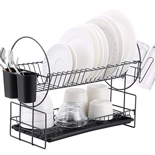 2 Tier Dish Rack, Kitchen Dish Drying Rack with Drainboard/Cutlery Cup (Dark Gray)