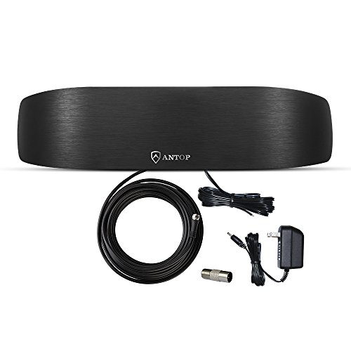 ANTOP Amplified Radio Antenna, Indoor AM FM Antenna 50 Miles Multi-Directional Reception for Stereo Radio Audio Signals, Built-in Amplifier Signal Booster and 4G LTE Filter with Adapter Connector
