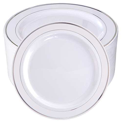 Book Cover BUCLA 100Pieces Silver Plastic Plates-10.25inch Silver Rim Disposable Dinner Plates-Ideal for Weddings& Parties