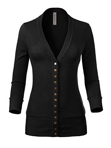 MixMatchy Women's Soft Basic V-Neck 3/4 Sleeve Snap Button Down Knit Cardigan Sweater