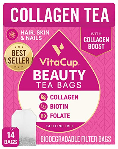 VitaCup® Beauty Tea Bags 14ct w/ Caffeine Free, Collagen, Biotin, Vitamins for Hair Skin and Nails in Sealed Single Serve Tea Sachet Bag