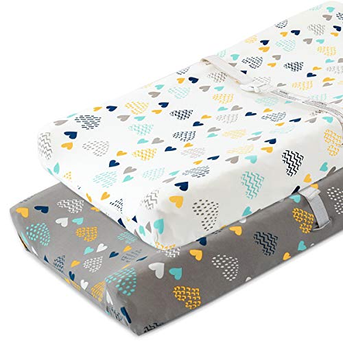 COSMOPLUS Stretch Fitted Changing Pad Cover -2 Pack Stretchy Changing Table Pad Covers for Boys Girls, Heart Pattern