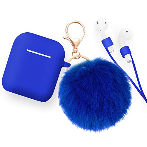for Airpods Case - Bluewind Drop Proof Air Pods Protective Case Cover Silicone Skin, with Cute Fur Ball Airpods Keychain/Strap, Portable Apple Airpods Accessories (Royal Blue)