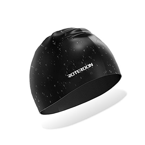 Book Cover ROTERDON Waterproof Silicone Swimming Hat - 3D Ergonomic Great Elasticity Swim Cap Black