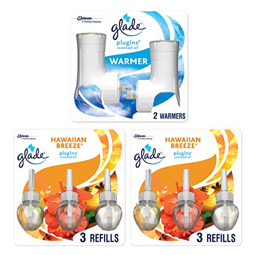 Glade PlugIns Scented Oil Warmer and Hawaiian Breeze Starter Kit (2 Warmers + 6 Refills), Essential Oil Infused Wall Plug in, Up to 50 Days of Continuous Fragrance, 2 Warmers, 4.02 FL OZ, Pack of 6