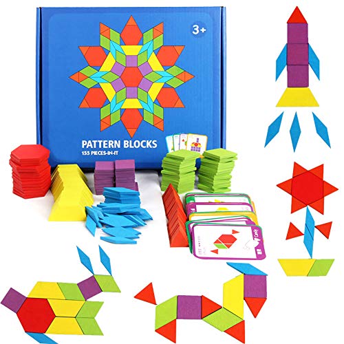 Book Cover GEMEM 155 Pcs Wooden Pattern Blocks Set Geometric Shape Puzzle Kindergarten Classic Educational Montessori Tangram Toys for Kids Ages 4-8 with 24 Pcs Design Cards