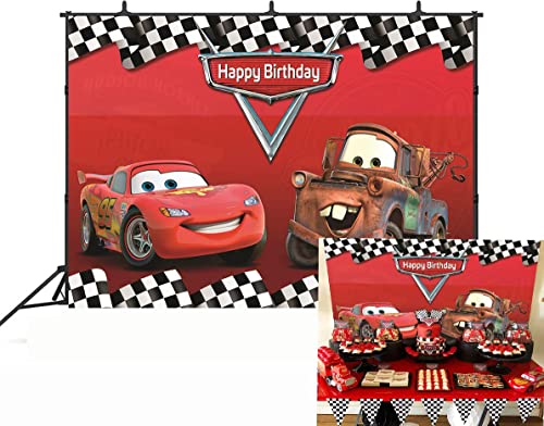 Book Cover Botong 7x5ft Cartoon Car Birthday Party Themed Backdrops Car Racing Story Black White Grid Red Photo Backgrounds for Photography Birthday Party Banner