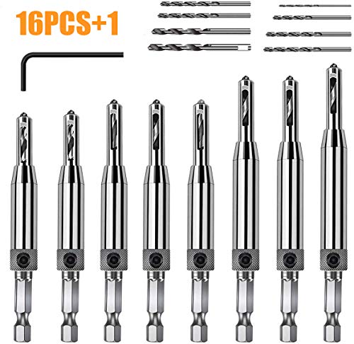 ZINMOND Self Centering Drill Bits, 17 PCS Hinge Drill Bit Set for Wood Door Window handles Cabinet Woodworking Hinge Hardware Pilot Hole Drill Bit (5/64'' -1/4'') with 1 Hex Key & 8 Replacement Bits.