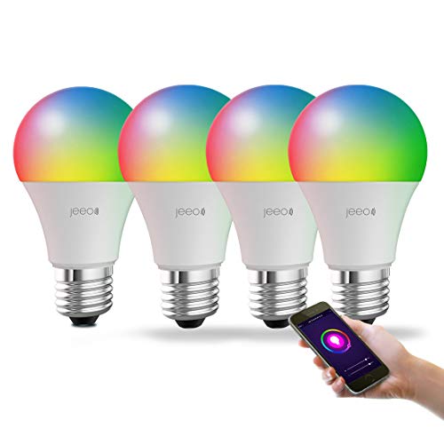 Jeeo Smart WiFi Color Lights - LED Color Changing Dimmable Bulbs - Compatible with Alexa, Google Home Assistant (No Hub Required), A19, 800Lumens, 60W,FCC RoHs ETL Certified(4 Pack)