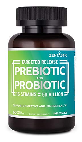 Zentastic Probiotics & Prebiotics Supplement - 50 Billion CFU - for Men & Womenâ€™s Immune & Digestive Health - 16 Strains - Shelf Stable - 60 Delayed Release Veggie Capsules