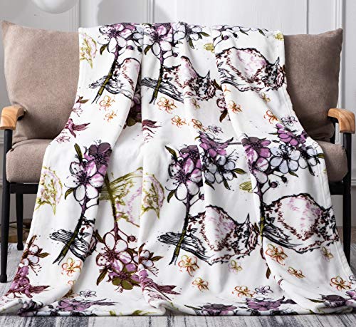 Book Cover DaDa Bedding Soft Faux Mink Fleece Flannel Throw Blanket - Blossom Floral Birds Elegant Orchid Purple & Olive Green - Plush Warm Animal Lover House Warming Decor Gift Idea - 50