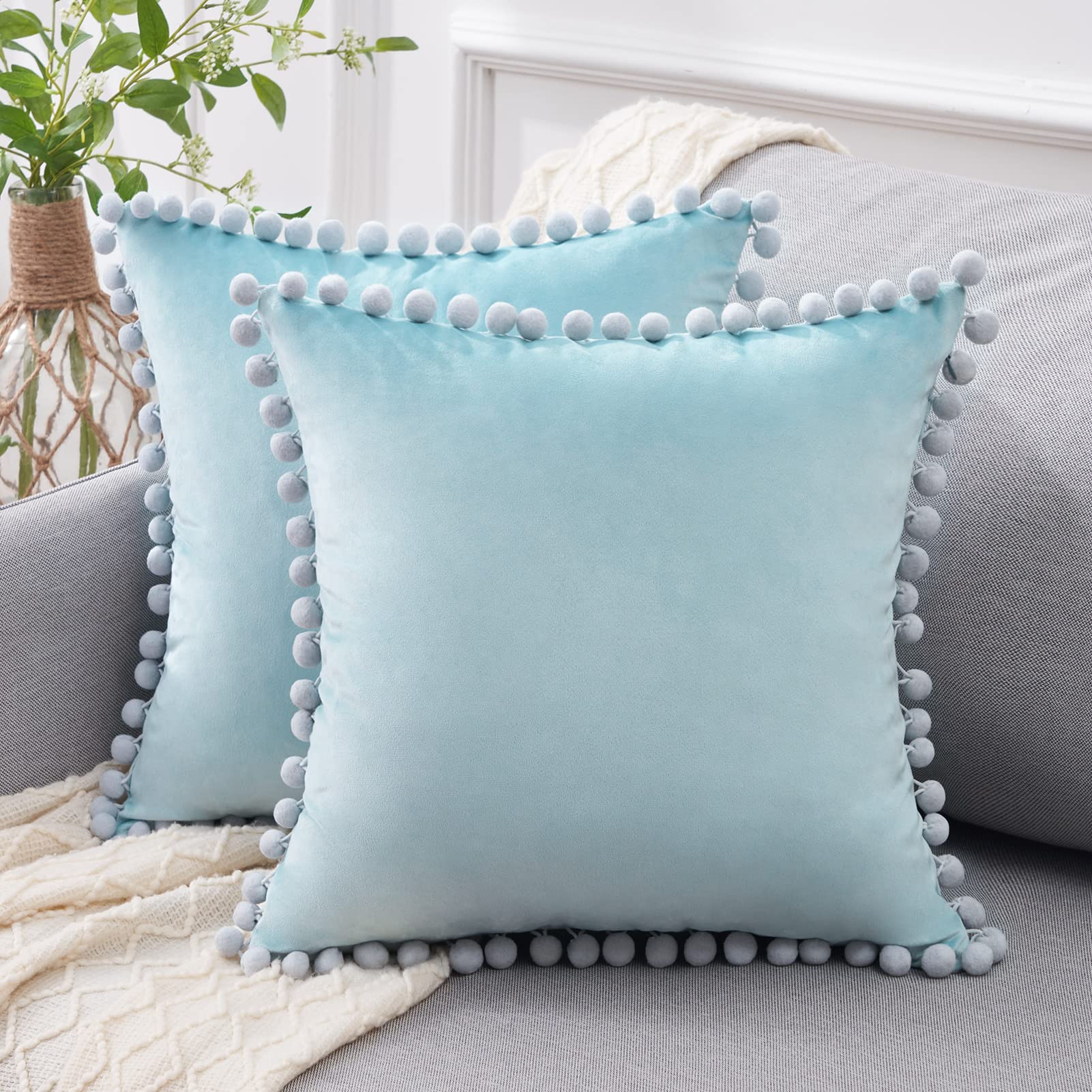 Book Cover Top Finel Decorative Throw Pillow Covers for Couch Bed Soft Particles Velvet Solid Cushion Covers with Pom-poms 18 x 18 Inch 45 x 45 cm, Pack of 2, Aqua Blue Aqua Blue 18 x 18-Inch