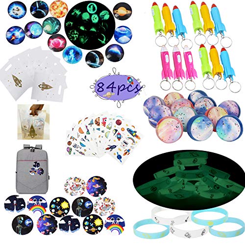 Book Cover Outer Space Party Favors Supplies,Tattoo Sticker Bouncy Ball Bracelet Space Badge Luminous Ball Helicopter Flashlights Keychain Gift Bag Accessories Kit for Kids Birthday Party Gift,Stocking Stuffers