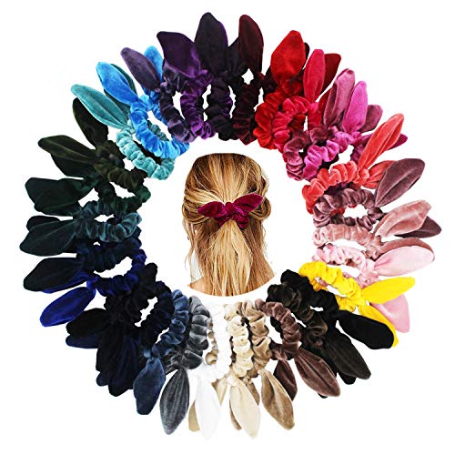 SUSULU Velvet Hair Scrunchies Hair Ties with Knotted Bow Bunny Ear Scrunchy Bobbles Elastic Hair Bands Pack of 30 Mixed Colors