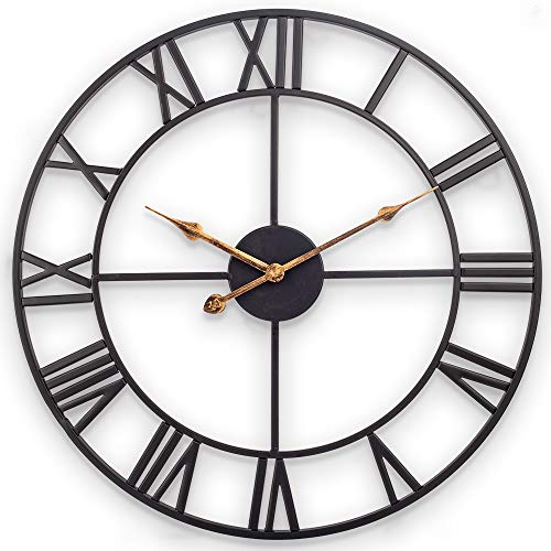Book Cover SkyNature Large Wall Clock, European Industrial Decor Wall Clock with Large Roman Numerals, Indoor Silent Battery Operated Metal Clock for Home, Living Room, Kitchen and Den - 18 Inch, Classical Black