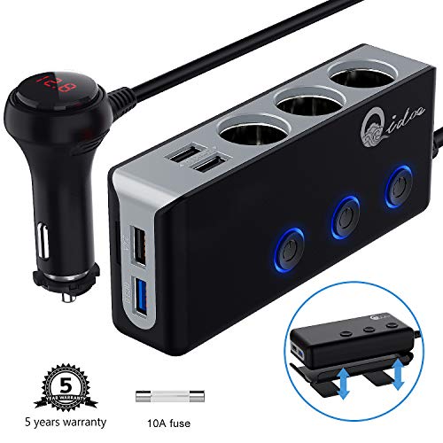 Book Cover 120W Car Charger, Qidoe 12V/24V 3-Socket Cigarette Lighter Splitter Quick Charge 3.0 and Three 2.4A USB Outlet with Voltmeter Power Switch for for GPS, Dash Cam, Sat Nav, Phone, Android, iPad, Tablet