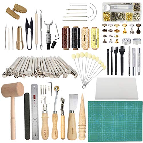 Book Cover Leather Working Tools SIMPZIA 131PCS Leathercraft Tools with 20PCS Leather Stamping Tools, Cutting Mat, Stitching Groover, Prong Punch, Snaps and Rivets Kit, Leather Tooling Kit for DIY Leather Craft