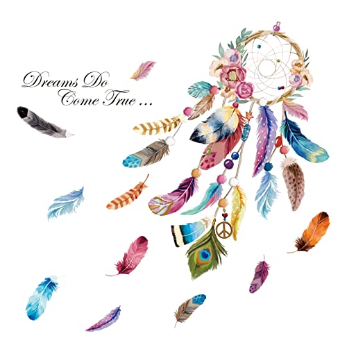 decalmile Dream Catcher Feathers Wall Decals Quotes Dreams Come True Wall Stickers Bedroom Living Room Wall Decor (Finished Size: 54" W x 38" H)