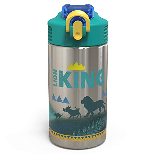 Book Cover Zak Designs The Lion King - Simba, Timon and Pumbaa Stainless Steel Water Bottle 15.5 oz with One Hand Operation Action Lid and Built-in Carrying Loop, with Straw is Perfect for Kids