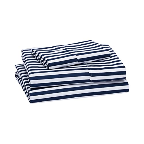 Amazon Basics Lightweight Super Soft Easy Care Microfiber Bed Sheet Set with 14â€ Deep Pockets - Twin XL, Navy Pinstripe