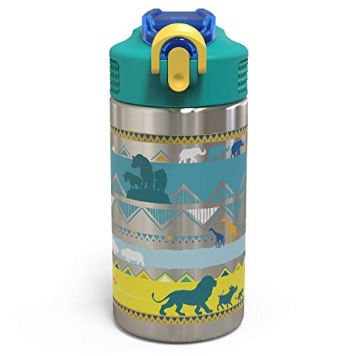 Book Cover Zak Designs The Lion King - Simba and Friends Stainless Steel Water Bottle 15.5 oz with One Hand Operation Action Lid and Built-in Carrying Loop, with Straw is Perfect for Kids