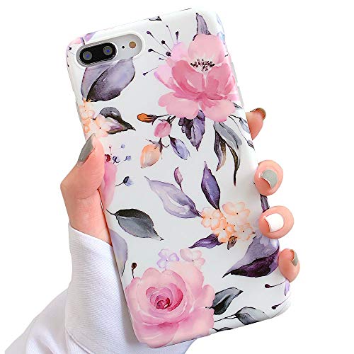 iPhone 8 Plus / 7 Plus Case for Girls, YeLoveHaw Flexible Soft Slim Fit Full Protective Cute Shell Phone Case with Floral and Leaves Pattern for iPhone 7Plus / 8Plus 5.5 Inch (Purple Flowers)