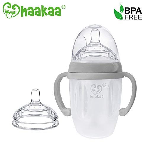 Haakaa 250ml Silicone Baby Bottle and Anti-Colic M Size Nipple Set for Infant Newborn (8oz, Grey + Nipple)